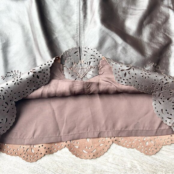 Peter Nygard Brown Buttery Leather Laser Cutout Hem Midi Skirt - Picture 13 of 13